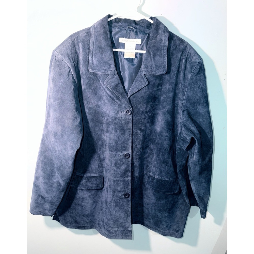 JESSICA HOLBROOK Women's Vintage 100% Leather Suede Jacket Coat Blue Size 3X